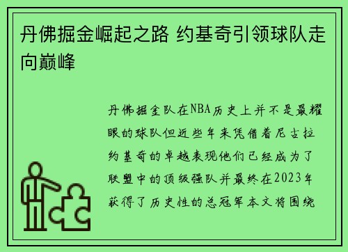 丹佛掘金崛起之路 约基奇引领球队走向巅峰